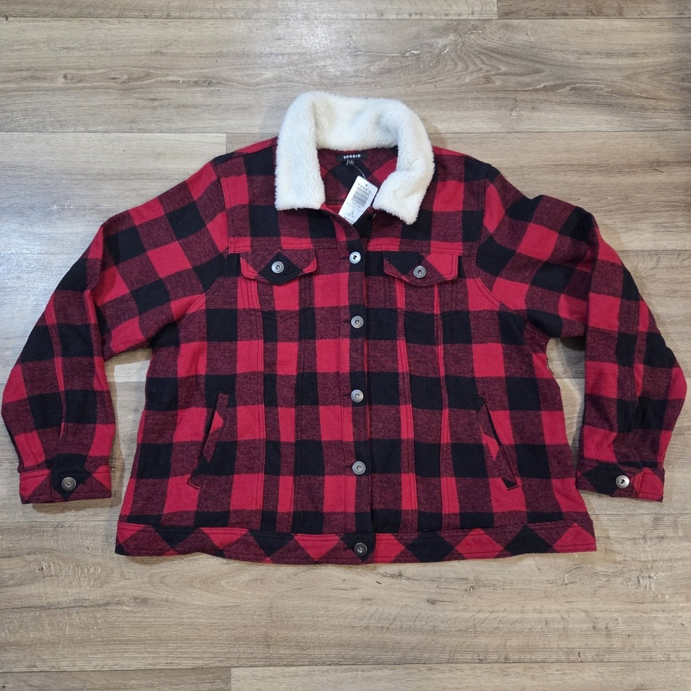 Torrid Plaid Jacket Red Black Buffalo Shacket Trucker Fall Winter Holiday NWT 3X